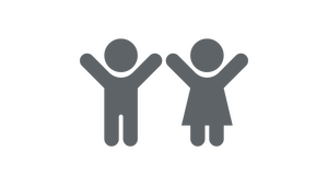 Grey icon of two people with arms raised