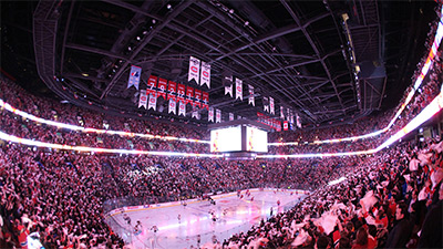 Fans at Bell Center watching a Montreal Canadiens NHL hockey game, streamed with Matrox Maevex encoders